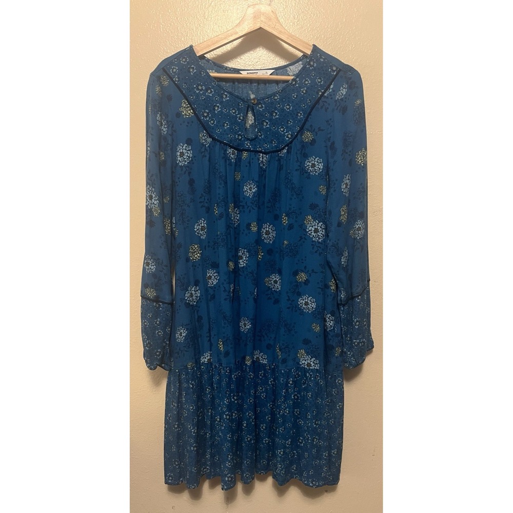 Sonoma Cottagecore Boho Prairie Dress Blue/Black Floral Ruffle Hem Sz XL Cute!